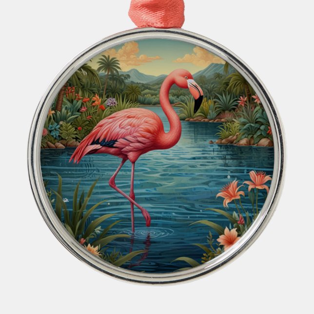Elegant pink flamingo tropical paradise   metal ornament (Front)