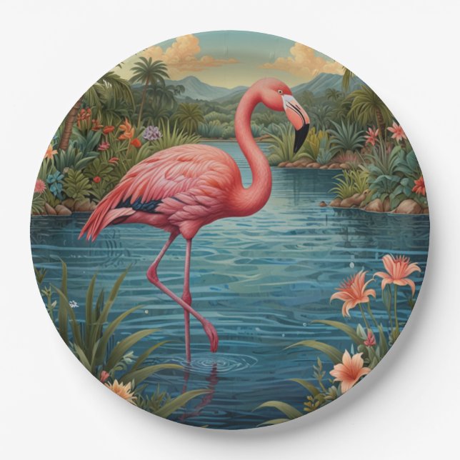 Elegant pink flamingo tropical paradise   paper plates (Front)