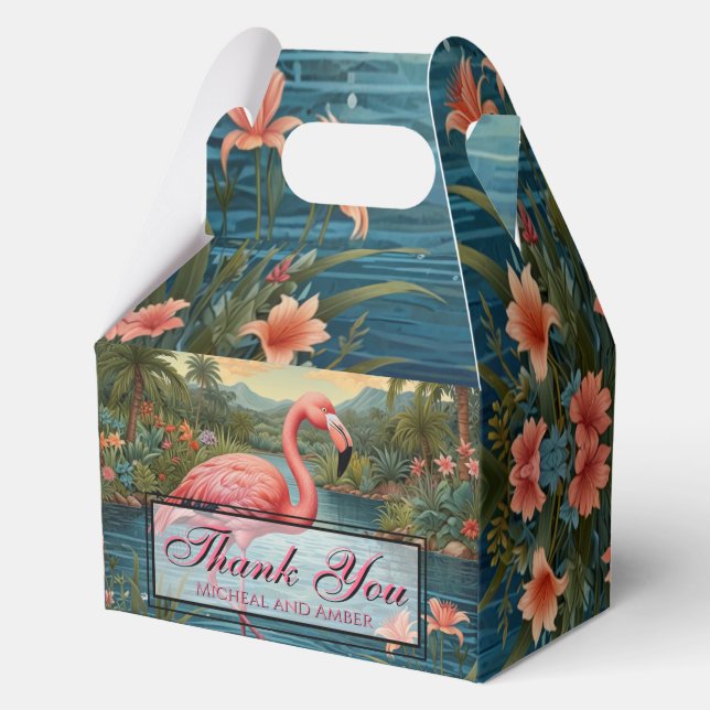 Elegant pink flamingo tropical paradise thank you favor boxes (Front)