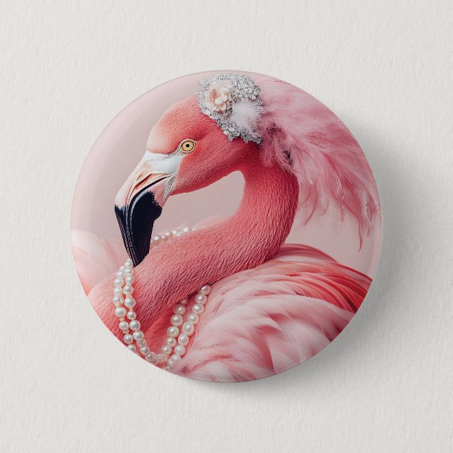 Elegant Pink Flamingo with Pearls and Feathers  Button (Front)