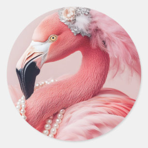 Elegant Pink Flamingo with Pearls and Feathers Classic Round Sticker