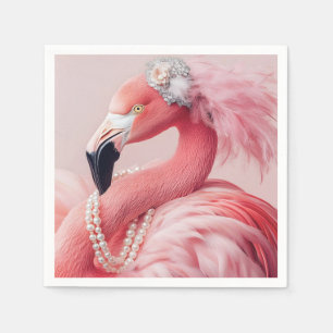 Elegant Pink Flamingo with Pearls and Feathers Napkins