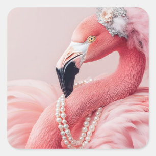 Elegant Pink Flamingo with Pearls and Feathers  Square Sticker