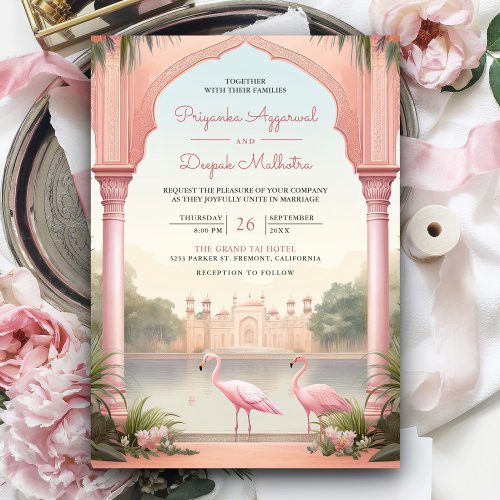 Elegant Pink Flamingos Indian Palace Arch Wedding Invitation