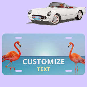 Elegant Pink Flamingos on Light Blue License Plate