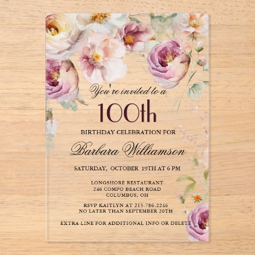 Elegant Pink Floral 100th Birthday Party