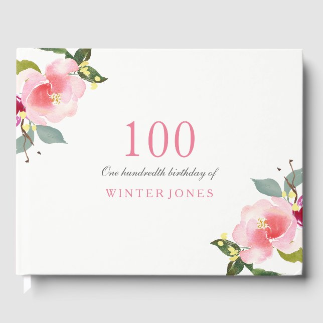 Elegant Pink Floral 100th Birthday Party Guest Book (Front)