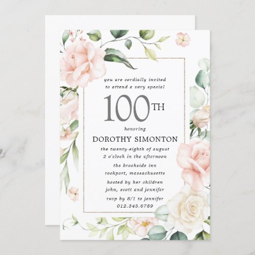 Elegant Pink Floral 100th Birthday Party Invitatio Invitation