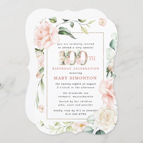 Elegant Pink Floral 100th Birthday Party Invitatio Invitation