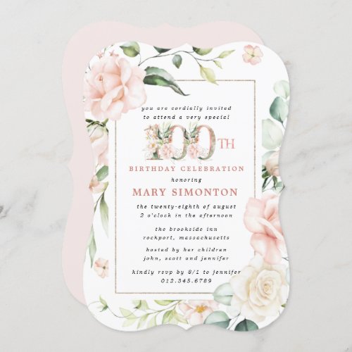 Elegant Pink Floral 100th Birthday Party Invitatio Invitation