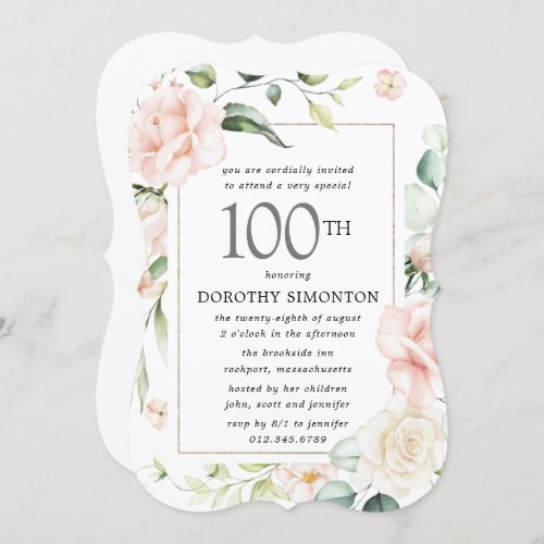 Elegant Pink Floral 100th Birthday Party Invitation