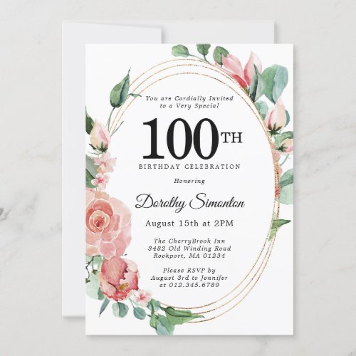 Elegant Pink Floral 100th Birthday Party Invitation