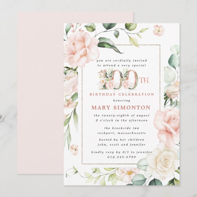 Elegant Pink Floral 100th Birthday Party Invitation (Front/Back)