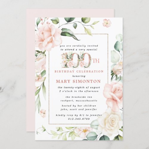 Elegant Pink Floral 100th Birthday Party Invitation