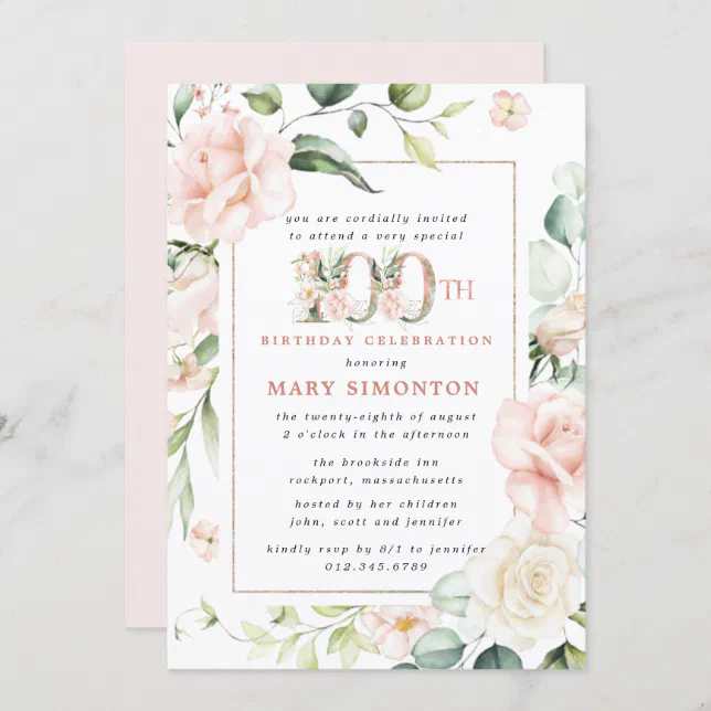 Elegant Pink Floral 100th Birthday Party Invitation | Zazzle