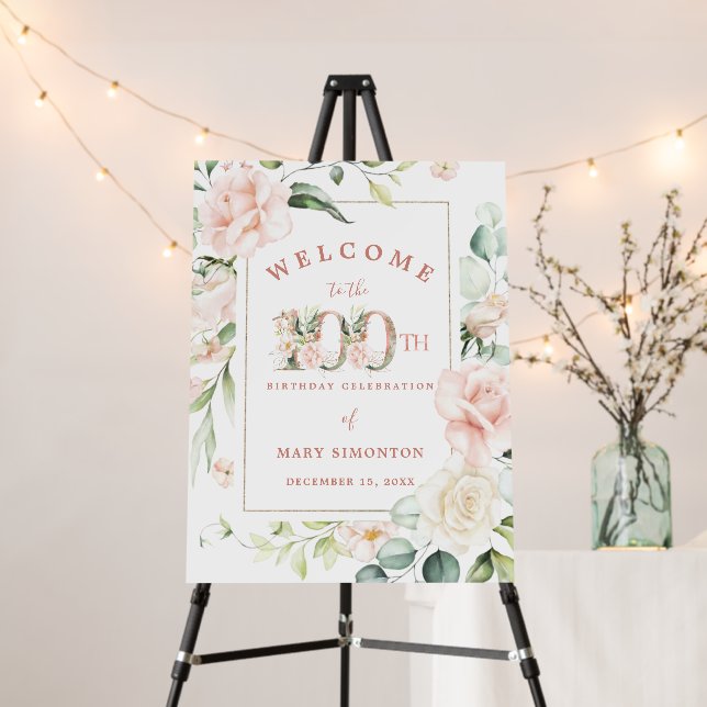 Elegant Pink Floral 100th Birthday Party Welcome Foam Board (In Situ (Stand))