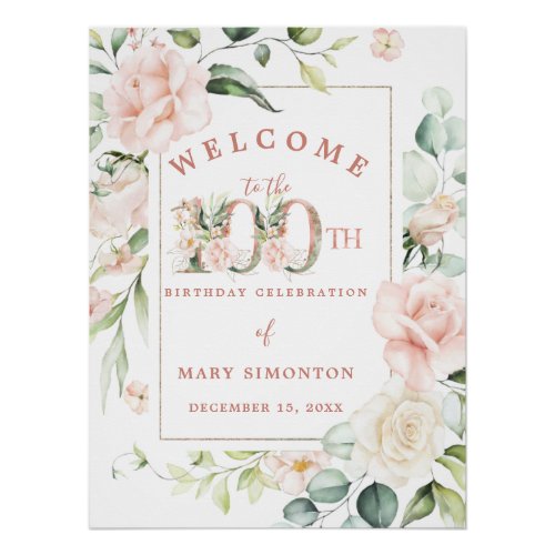 Elegant Pink Floral 100th Birthday Party Welcome Poster