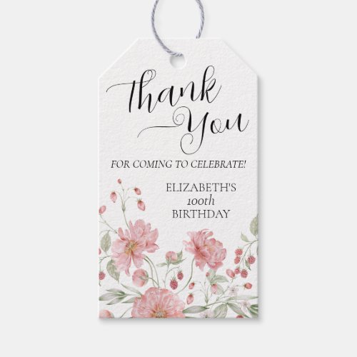 Elegant Pink Floral 100th Birthday Thank You Gift Tags