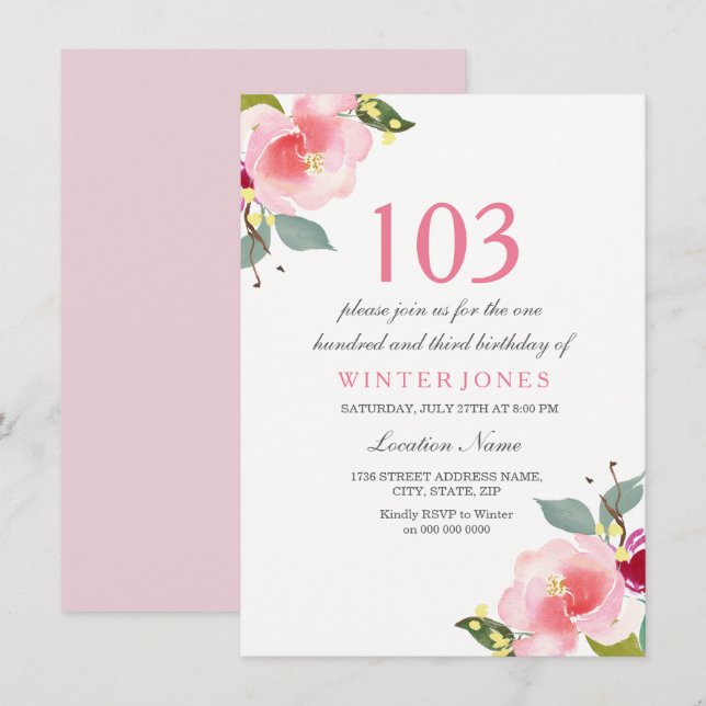 Elegant Pink Floral 103rd Birthday Party Invite (Front/Back)