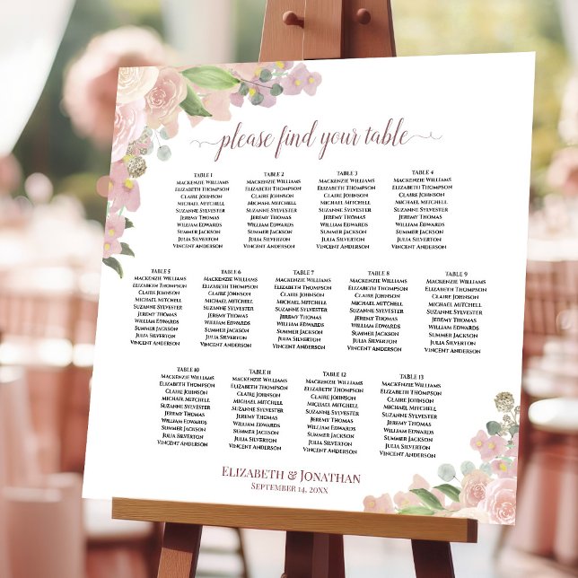 Elegant Pink Floral 13 Table Wedding Seating Chart Foam Board (On Stand at Reception)