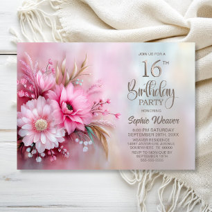 Elegant Pink Floral 16th Birthday Party Invitation