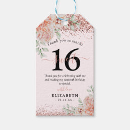 Elegant Pink Floral 16th Birthday Thank You Gift Tags