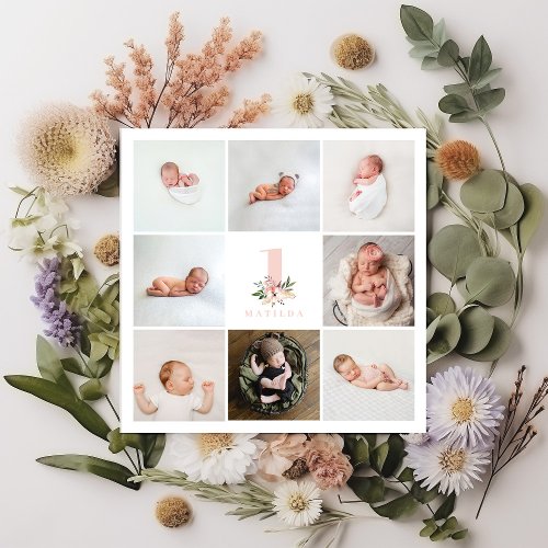 elegant pink floral 1st birthday multi photo