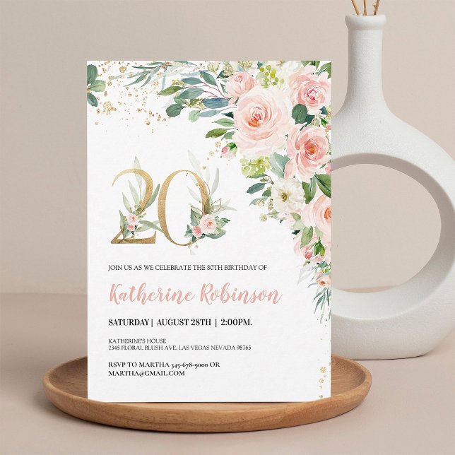 Elegant Pink Floral 20th Birthday Invite for Her (Creator Uploaded)