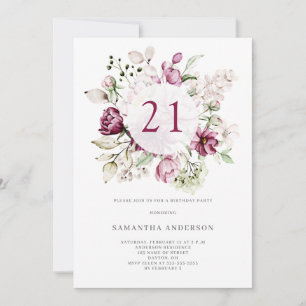 Elegant Pink Floral 21st Birthday Party Invitation