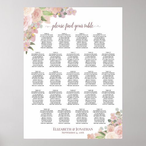 Elegant Pink Floral 23 Table Wedding Seating Chart