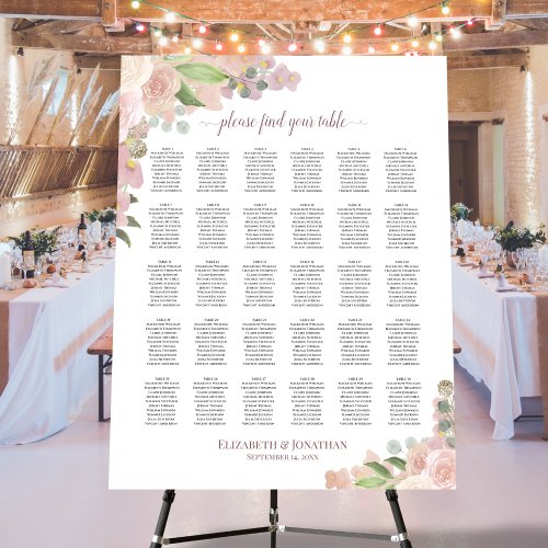 Elegant Pink Floral 30 Table Wedding Seating Chart Foam Board