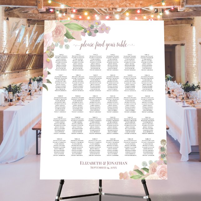 Elegant Pink Floral 30 Table Wedding Seating Chart Foam Board (In Situ on Stand at Reception)