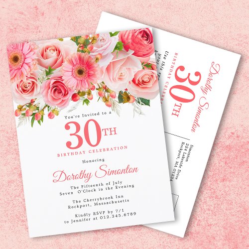 Elegant Pink Floral 30th Birthday Invitation Postcard