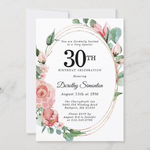 Elegant Pink Floral 30th Birthday Party Invitation