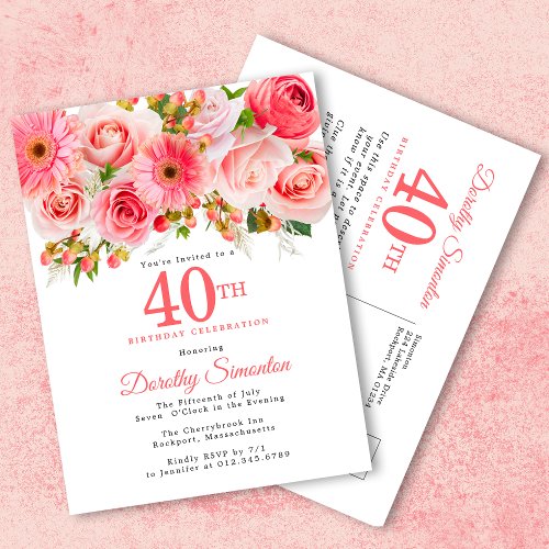 Elegant Pink Floral 40th Birthday Invitation Postcard
