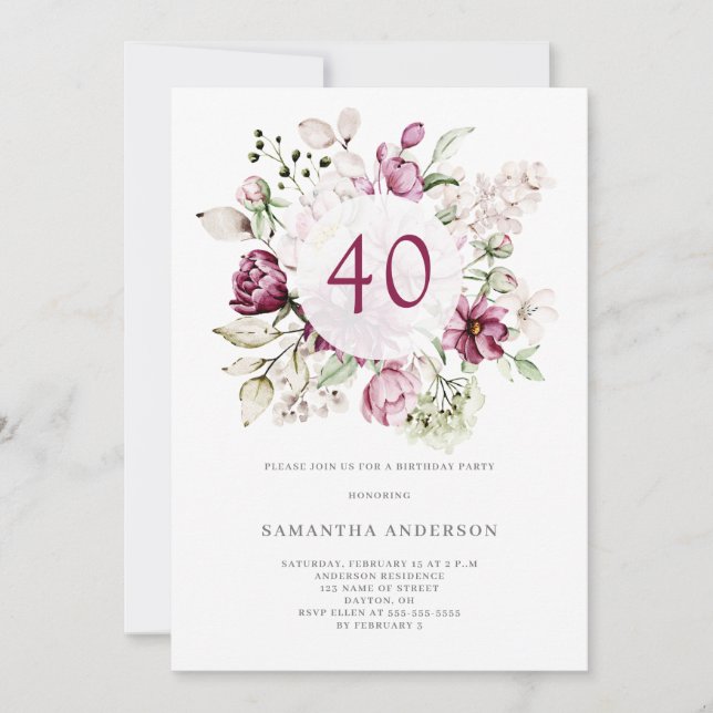 Elegant Pink Floral 40th Birthday Party  Invitation (Front)