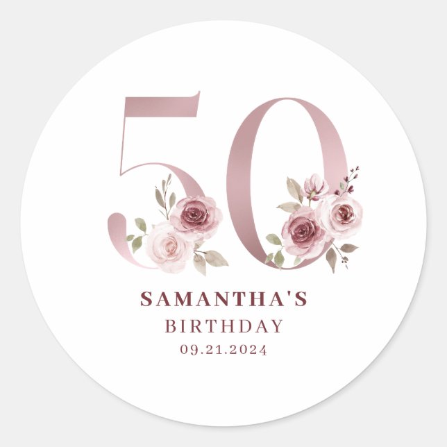 Elegant Pink Floral 50th Birthday  Classic Round Sticker (Front)