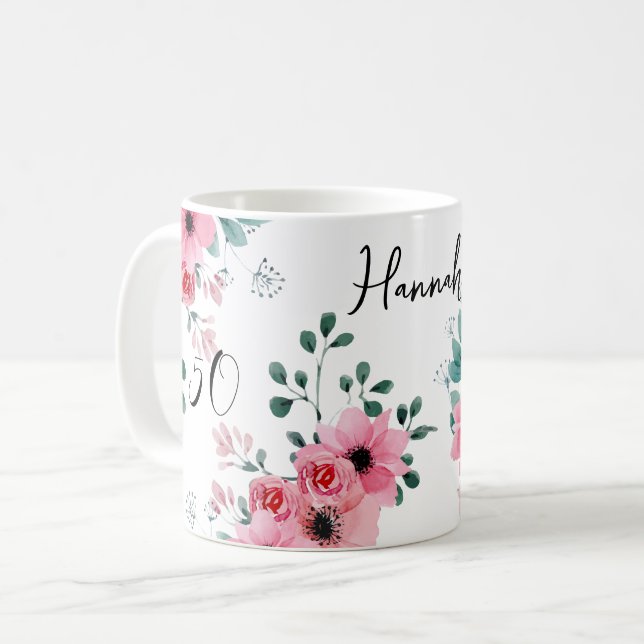 Elegant Pink Floral 50th Birthday Personalized Coffee Mug (Front Left)