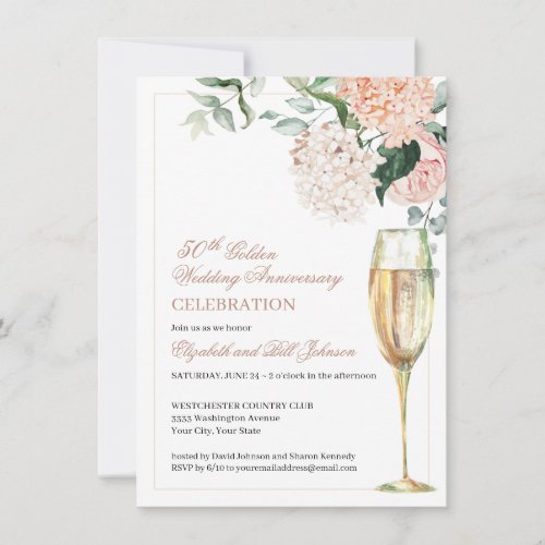Elegant Pink Floral 50th Wedding Anniversary Invitation