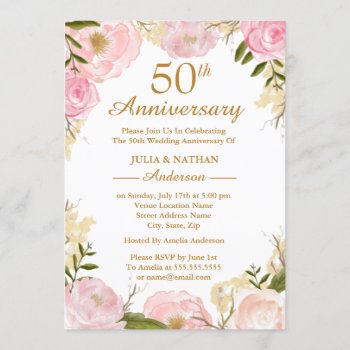Elegant Pink Floral 50th Wedding Anniversary Invitation by LittleBayleigh at Zazzle