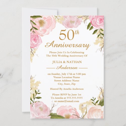 Elegant Pink Floral 50th Wedding Anniversary Invitation