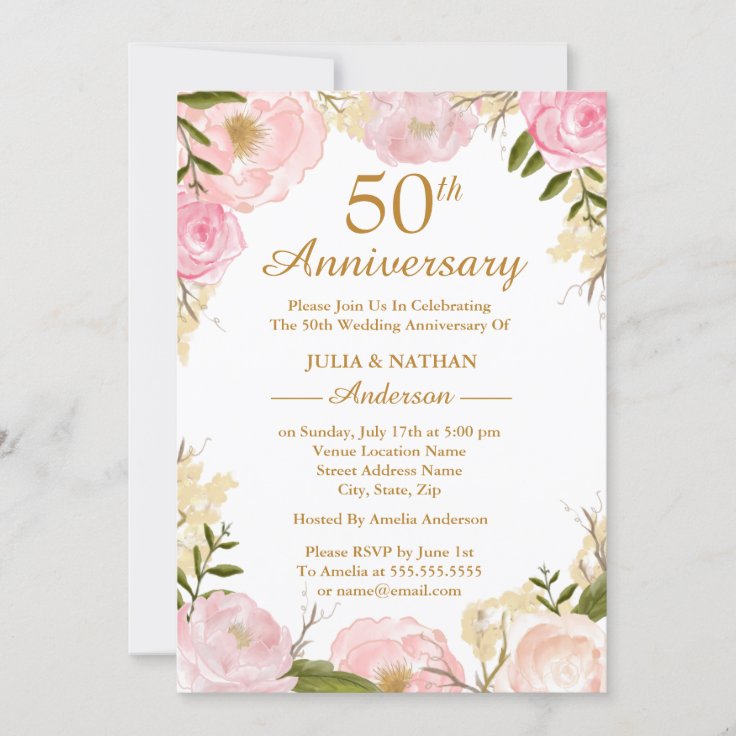 Elegant Pink Floral 50th Wedding Anniversary Invitation | Zazzle