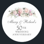 Elegant Pink Floral 50th Wedding Anniversary Party Classic Round Sticker<br><div class="desc">Soft blush pink roses and bright pink buds create a beautifully rustic floral arrangement. White hydrangeas add to the floral bloom. The anniversary couple's names are written in a large script font.</div>