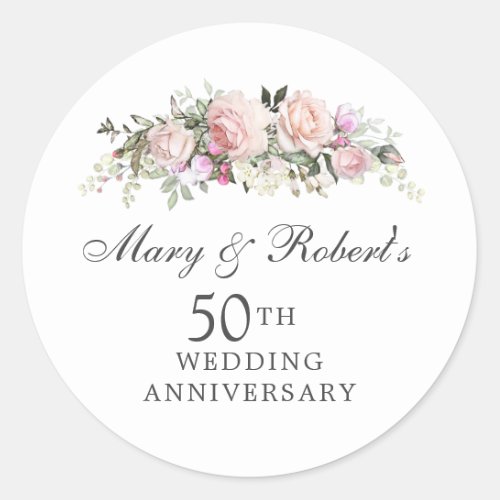 Elegant Pink Floral 50th Wedding Anniversary Party Classic Round Sticker
