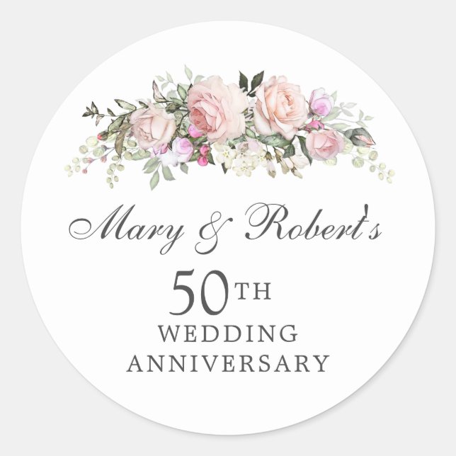 Elegant Pink Floral 50th Wedding Anniversary Party Classic Round Sticker (Front)