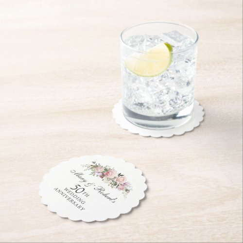 Elegant Pink Floral 50th Wedding Anniversary Party Paper Coaster