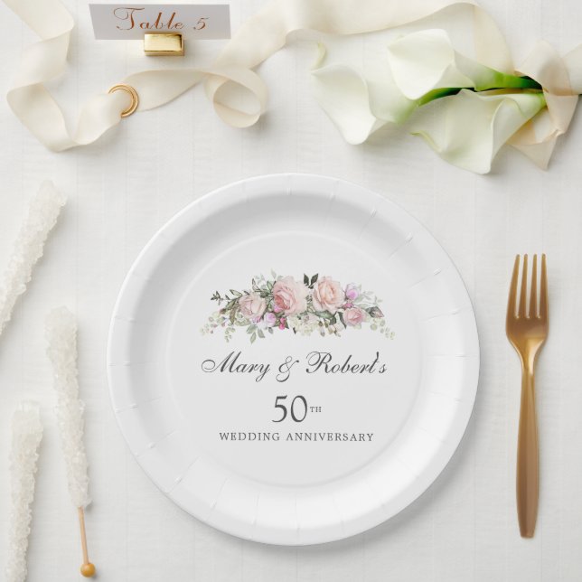 Elegant Pink Floral 50th Wedding Anniversary Party Paper Plates (Wedding)