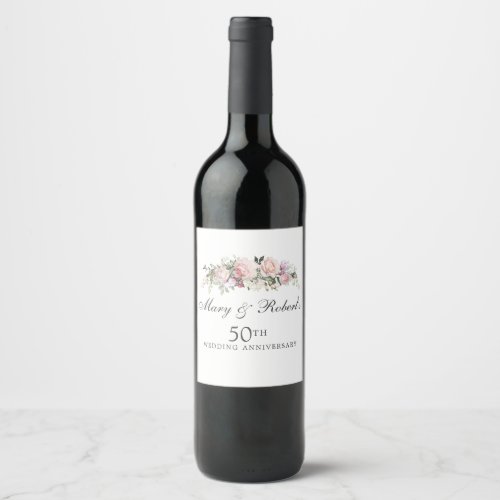 Elegant Pink Floral 50th Wedding Anniversary Party Wine Label