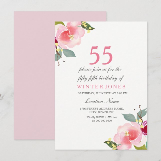 Elegant Pink Floral 55th Birthday Party Invitation (Front/Back)