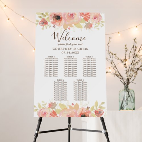 Elegant Pink Floral 5 Table Wedding Seating Chart Foam Board